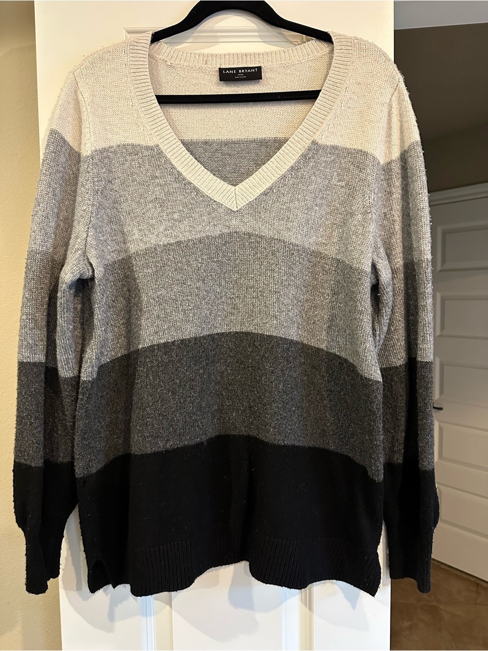Lane Bryant V-Neck Striped Sweater - White, Gray, Black